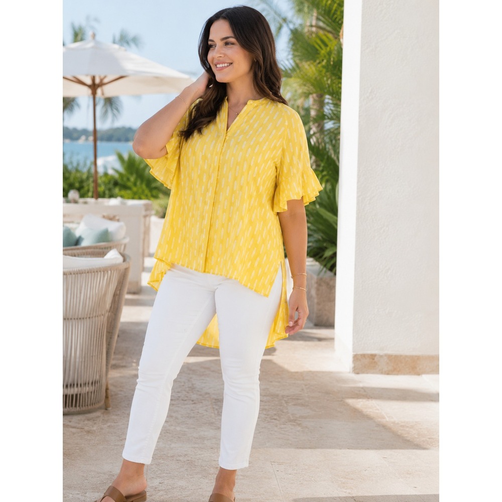 ✨2/$20 Matilda Jane Golden Hour Geometric Hi-Low Top Yellow Ruffle Blouse Small
